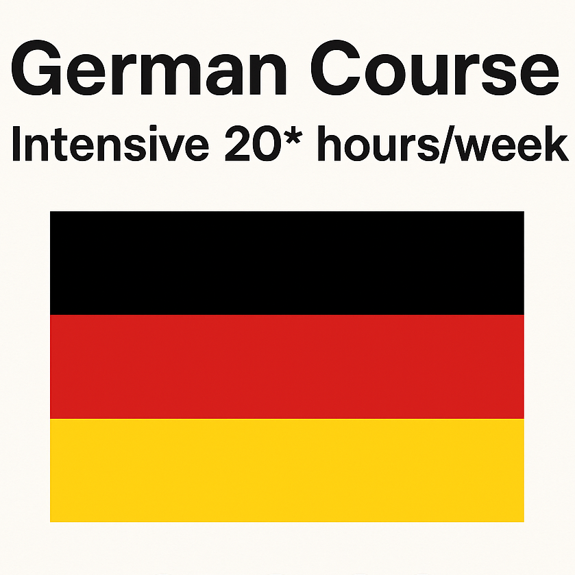 German course advertisement with flag and price on a white background